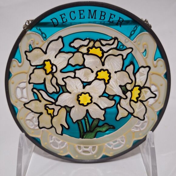 Vtg Joan Baker Hand Painted Stained Glass Sun Catcher December B-day Narcissus - Picture 2 of 6
